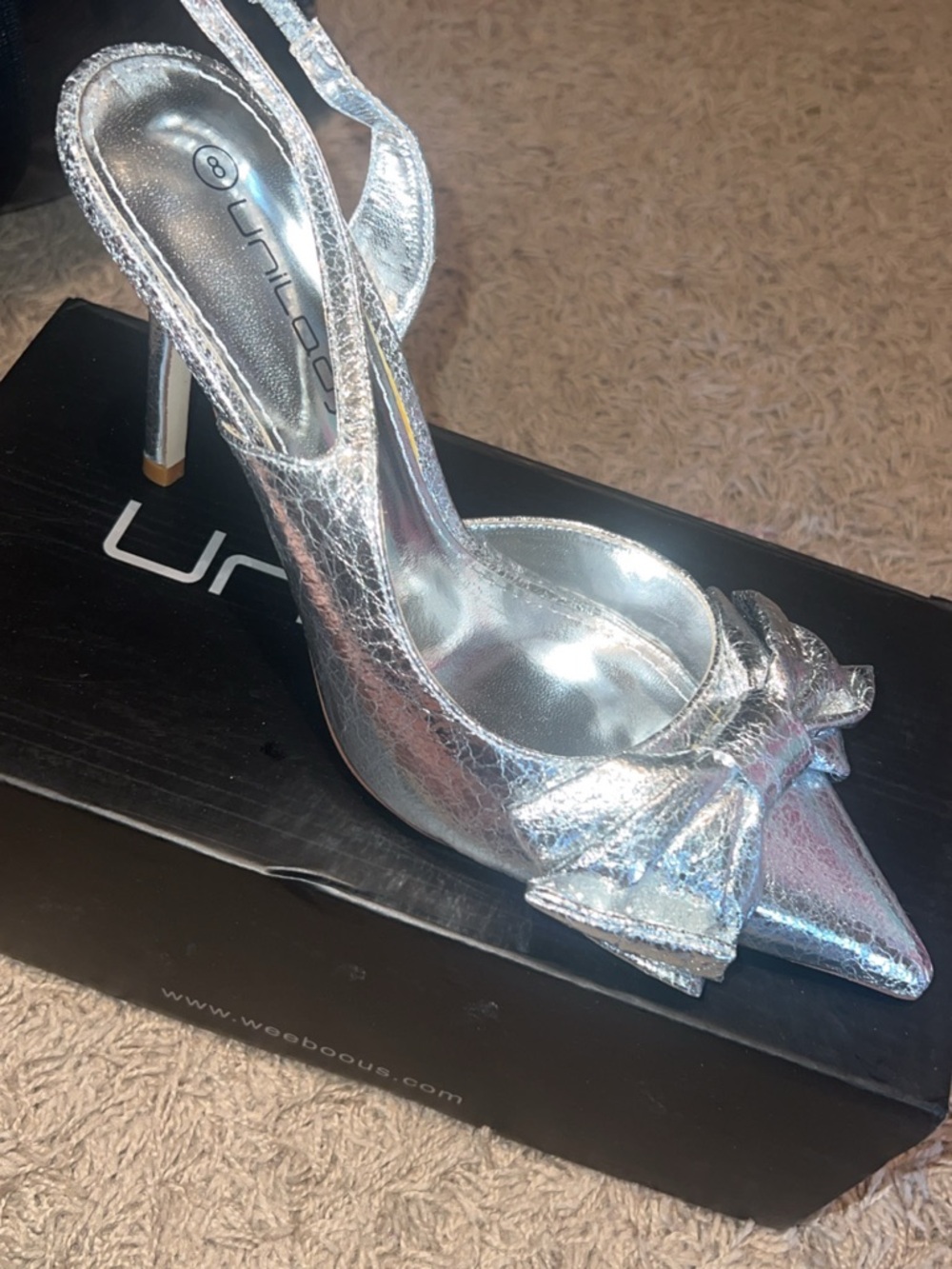 Unilady Silver Bow Pointed-Toe Slingback Stiletto